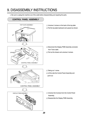 Page 2929
9. DISASSEMBLY INSTRUCTIONS
DISPLAY PWB ASSEMBLY
TOP PLATE ASSEMBLY
CONTROL PANEL ASSEMBLY
DRAWER
CONTROL PANEL ASSEMBLY
CONTROLPANELASSEMBLY
Be sure to unplug the machine out of the outlet before disassembling and\
 repairing the parts. 
Unscrew 2 screws on the back of the top plate.
Pull the top plate backward and upward as shown.
Disconnect the Display PWB Assembly connector
from Trans cable.
Pull out the drawer and unscrew 2 screws.
Taking out 1 screw.
Lift the side the Control Panel Assembly...