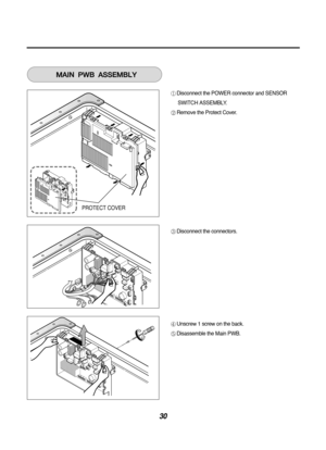 Page 3030
Disconnect the POWER connector and SENSORSWITCH ASSEMBLY.
Remove the Protect Cover.
Disconnect the connectors.
Unscrew 1 screw on the back.
Disassemble the Main PWB.
PROTECT COVER
MAINPWBASSEMBLY 