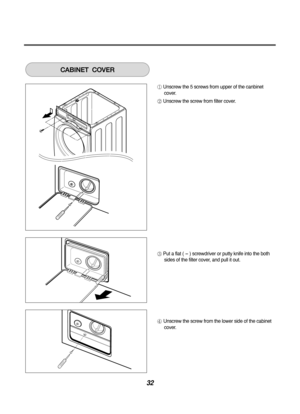 Page 3232
Unscrew the 5 screws from upper of the canbinetcover.
Unscrew the screw from filter cover.
Put a flat ( -) screwdriver or putty knife into the both
sides of the filter cover, and pull it out.
Unscrew the screw from the lower side of the cabinet cover.
CABINETCOVER 