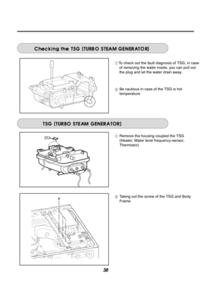 Page 3838
To check out the fault diagnosis of TSG, in caseof removing the water inside, you can pull out
the plug and let the water drain away. 
Be cautious in case of the TSG is hot
temperature.
Remove the housing coupled the TSG 
(Heater, Water level frequency-sensor,
Thermistor)
Taking out the screw of the TSG and Body
Frame. 