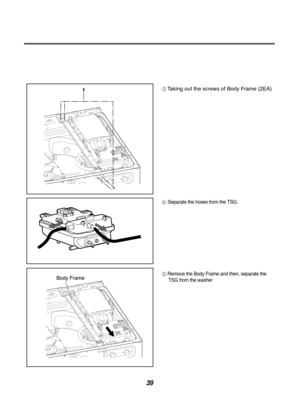 Page 3939
Taking out the screws of Body Frame (2EA)
Separate the hoses from the TSG. 
Remove the Body Frame and then, separate theTSG from the washer  