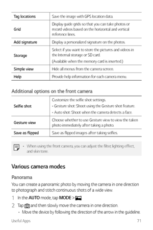 Page 72Useful Apps71
Tag locationsSave the image with GPS location data.
Grid Display guide grids so that you can take photos or 
record videos based on the horizontal and vertical 
reference lines.
Add signature Display a personalized signature on the photos. 
Storage Select if you want to store the pictures and videos in 
the Internal storage or SD card.
(Available when the memory card is inserted.)
Simple view Hide all menus from the camera screen.
Help Provide help information for each camera menu....