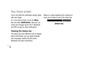 Page 4846
Touch and slide the notification drawer down 
with your finger. 
Or, in the Home screen, touch the Menu 
key and select Notifications. Here you can 
check and manage sound, Wi-Fi, Bluetooth 
and GPS as well as other notifications.
Viewing the status bar
The status bar uses different icons to display 
phone information such as signal strength, 
new messages, battery life and active 
Bluetooth and data connections.Below is a table explaining the meaning of 
icons you’re likely to see in the status bar....