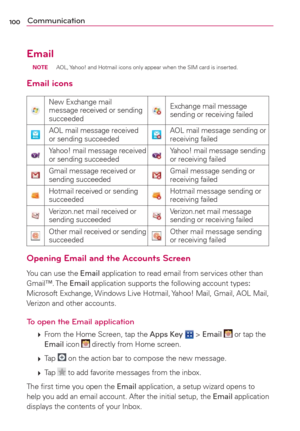 Page 102100Communication
Email
 NOTE  AOL, Yahoo! and Hotmail icons only appear when the SIM card is inserted.
Email icons
New Exchange mail 
message received or sending 
succeededExchange mail message 
sending or receiving failed
AOL mail message received 
or sending succeededAOL mail message sending or 
receiving failed
Yahoo! mail message received 
or sending succeededYahoo! mail message sending 
or receiving failed
Gmail message received or 
sending succeededGmail message sending or 
receiving failed
Hotmail...