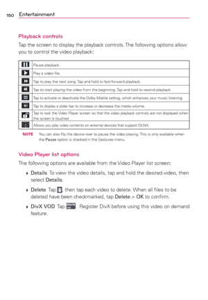 Page 152150Entertainment
Playback controls
Tap the screen to display the playback controls. The following options allow 
you to control the video playback:
Pause playback.
Play a video ﬁle.
Tap to play the next song. Tap and hold to fast-for ward playback.
Tap to start playing the video from the beginning. Tap and hold to rewind playback.
Tap to activate or deactivate the Dolby Mobile setting, which enhances your music listening.
Tap to display a slider bar to increase or decrease the media volume.Tap to lock...