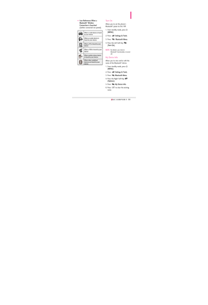 Page 716969
Icon References When a
Bluetooth®Wireless
Connection is Searched
(neither connected nor paired).
Turn On
Allows you to set the phone's
Bluetooth®power to On/ Off.
1. From standby mode, press 
[
MENU]. 
2. Press 
Settings & Tools.
3. Press 
Bluetooth Menu.
4. Press the Left Soft Key 
[
Turn On].
NOTEBy default, your device’s
Bluetooth®functionality is turned
off. 
My Device Info
Allows you to view and/or edit the
name of the Bluetooth®device.
1. From standby mode, press 
[
MENU]. 
2. Press...