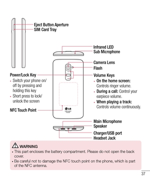 Page 3937
 WARNING•  This part encloses the battery compartment. Please do not open the back cover.•  Be careful not to damage the NFC touch point on the phone, which is part of the NFC antenna.
Volume Keys
•	On the home screen: Controls ringer volume.
•	During a call: Control your earpiece volume.
•	When playing a track: Controls volume continuously.
Headset Jack
Eject Button ApertureSIM Card Tray
Main MicrophoneSpeaker
Charger/USB port
Power/Lock Key 
•	Switch your phone on/off by pressing and holding this...