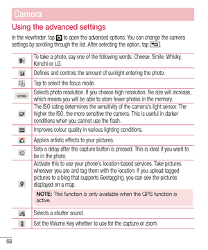 Page 7068
Camera
Using the advanced settings
In the viewfinder, tap  to open the advanced options. You can change the camera settings by scrolling through the list. After selecting the option, tap .
To take a photo, say one of the following words: Cheese, Smile, Whisky, Kimchi or LG.
Defines and controls the amount of sunlight entering the photo.
Tap to select the focus mode.
Selects photo resolution. If you choose high resolution, file size will increase, which means you will be able to store fewer photos in...