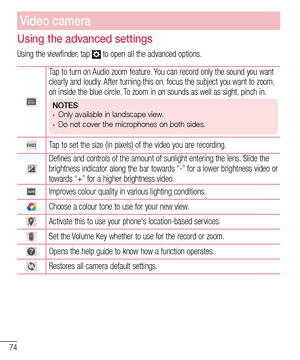 Page 7674
Using the advanced settings
Using the viewfinder, tap  to open all the advanced options. 
Tap to turn on Audio zoom feature. You can record only the sound you want clearly and loudly. After turning this on, focus the subject you want to zoom, on inside the blue circle. To zoom in on sounds as well as sight, pinch in. 
NOTES•	Only available in landscape view.•	Do not cover the microphones on both sides.
Tap to set the size (in pixels) of the video you are recording.
Defines and controls of the amount...