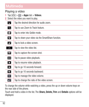 Page 9492
Multimedia
Playing a video
1  Ta p   >  > Apps tab > Videos. 
2  Select the video you want to play.
Tap the desired direction for audio zoom.
Tap to use Zoom to Track feature. 
Tap to enter into Qslide mode.
Tap to share your video via the SmartShare function.
Tap to lock a video screen.  
Tap to view the video list.
Tap to capture the screen shot.
Tap to pause video playback.
Tap to resume video playback.
Tap to go 10 seconds forward.
Tap to go 10 seconds backward.
Tap to manage the video volume.
Tap...