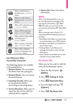 Page 7573
Icon References When
Successfully Connected
The following options are available
in the paired device.
1.
Remove Device:You can remove
the device from the pairing list. 
2.
Rename Device:You can rename
the paired device. 
3.
Incoming Security:Allows you
to set permission before
connecting an incoming device.
4.
Service Discovery:Allows you to
search for the services that the
selected device supports.5.
Device Info:Shows the device
information. 
NOTESWhile in the Bluetooth Menu, you can
turn the...