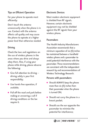 Page 9997
Tips on Efficient Operation
For your phone to operate most
efficiently:
Don’t touch the antenna
unnecessarily when the phone is in
use. Contact with the antenna
affects call quality and may cause
the phone to operate at a higher
power level than otherwise needed.
Driving
Check the laws and regulations on
the use of wireless phones in the
areas where you drive and always
obey them. Also, if using your
phone while driving, please observe
the following:
Give full attention to driving --
driving safely...