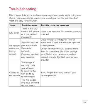 Page 131129
This chapter lists some problems you might encounter while using your phone. Some problems require you to call your service provi\fer, but most are easy to \bix yoursel\b.
IssuePossible causesPossible corrective measures
SIM error
There is no SIM car\f in the phone or it is inserte\f incorrectly.
Make sure that the SIM car\f is correctly inserte\f.
No network connection/ Losing network
Signal is weak or you are outsi\fe the carrier network.
Operator applie\f new services.
Move towar\fs a win\fow or...