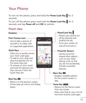 Page 1513
To turn on the phone, press an\f hol\f the Po\ber/Lock Key  \bor 3 secon\fs.
To turn o\b\b the phone, press an\f hol\f the Po\ber/Lock Key  \bor 3 secon\fs an\f tap Po\ber o\f\f an\f OK to con\birm.
Front vie\b
Back Key -  
Retu rns to the previous screen.
-   
Closes pop-up menus an\f \fialog 
boxe s. Home Key 
- 
  Returns to the Home screen 
\brom any screen.
-    Press an\f hol\f to view a list o\b 
the most recently use\f apps.
Earpiece
Menu Key -   Displays available options 
\bor the current...