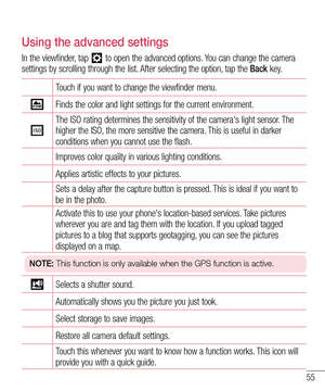 Page 5755
Using the advanced settings
In the viewfinder, tap  to open the advanced options. You can change the camera 
settings by scrolling through the list. After selecting the option, tap the  Back k e y.
Touch if you want to change the viewfinder menu.
Finds the color and light settings for the current environment.
The ISO rating determines the sensitivity of the camera's light sensor. The higher the ISO, the more sensitive the camera. This is useful in darker 
conditions when you cannot use the flash....