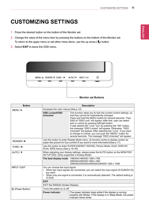 Page 11\b\b
ENGENGLISH
CUSTOMIZING SETTINGS
CUSTOMIZING	SETTINGS
1	 Press	the	desired	button	on	the	bottom	of	the	Monitor	set.
2	 Change	the	value	of	the	menu	item	by	pressing	the	buttons	on	the	bottom	of	the	Monitor	set.
To	return	to	the	upper	menu	or	set	other	menu	items,	use	the	up	arrow	()	button.
3	 Select	EXIT	to	leave	the	OSD	menu.
Monitor	set	Buttons
ButtonDescription
Accesses	the	main	menus.(See	p.12)
OSD	Locked/OSD	UnlockedThis	function	allow	you	to	lock	the	current	control	settings,	so	that	they...