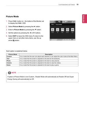 Page 19\b9
ENGENGLISH
CUSTOMIZING SETTINGS
Picture	Mode
1	 Press	FUNC.	button	on		the	bottom	of	the	Monitor	set	
to	display	the	FUNC.	OSD.	
2	 Select	Picture	Mode	by	pressing	the	►	button.			
3	 Enter	to	Picture	Mode	by	pressing	the	▼	button.	
4	 Set	the	options	by	pressing	the	◄	or	►	buttons.
5			Select	EXIT	to	leave	the	OSD	menu.To	return	to	the	
upper	menu	or	set	other	menu	items,	use	 	the	up	
arrow()button.		
Picture	ModeDescription
CustomIt	is	a	mode	that	the	user	can	adjust	each	element.	It 	can 	adjust...