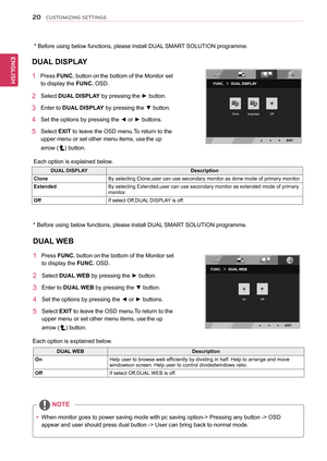 Page 2020
ENGENGLISH
CUSTOMIZING SETTINGS
	
NOTE
yyWhen	monitor	goes	to	power	saving	mode	with	pc	saving	option->	Pressing	any	button	->	OSD	
appear	and	user	should	press	dual	button	->	User	can	bring	back	to	normal	mode.
DUAL	DISPLAY
1			Press	FUNC.	button	on	the	bottom	of	the	Monitor	set	
to	display	the	FUNC.	OSD.	
2	 Select	DUAL	DISPLAY	by	pressing	the	►	button.	
3	 Enter	to	DUAL	DISPLAY	by	pressing	the	▼	button.
4	 Set	the	options	by	pressing	the	◄	or	►	buttons.
5	 Select	EXIT	to		leave	the	OSD	menu.To...