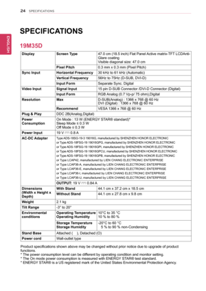 Page 2424
ENGENGLISH
SPECIFICATIONS
DisplayScreen	Type47.0	cm 	(18.5 	inch) 	Flat 	Panel 	Active 	matrix-TFT 	LCDAnti-Glare	coatingVisible	diagonal	size:	47.0	cm
Pixel	Pitch0.3	mm	x	0.3	mm	(Pixel	Pitch)
Sync	InputHorizontal	Frequency30	kHz	to	61	kHz	(Automatic)
Vertical	Frequency56Hz	to	75Hz	(D-SUB,	DVI-D)
Input	FormSeparate	Sync.	Digital
Video	InputSignal	Input15	pin	D-SUB	Connector	/DVI-D	Connector	(Digital)
Input	FormRGB	 Analog	(0.7	Vp-p/	75	ohm),Digital
ResolutionMaxD-SUB(Analog)	:	1366	x	768	@	60	HzDVI...