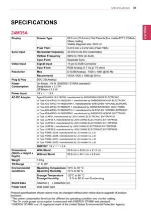 Page 313\b
ENGENGLISH
SPECIFICATIONS
DisplayScreen	Type60.0	cm 	(23.6 	inch) 	Flat 	Panel 	Active 	matrix-TFT 	LCDAnti-Glare	coatingVisible	diagonal	size:	60.0	cm
Pixel	Pitch0.272	mm	x	0.272	mm	(Pixel	Pitch)
Sync	InputHorizontal	Frequency30	kHz	to	83	kHz	(Automatic)
Vertical	Frequency56Hz	to	75Hz	(D-SUB)
Input	FormSeparate	Sync.	
Video	InputSignal	Input15	pin	D-SUB	Connector	
Input	FormRGB	 Analog	(0.7	Vp-p/	75	ohm)
ResolutionMaxD-SUB(Analog)	:	1920	x	1080	@	60	Hz
RecommendVESA 	1920	x	1080	@	60	Hz
Plug	&...