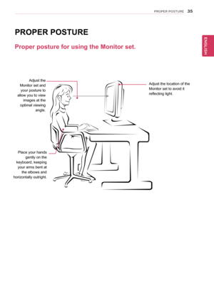 Page 3535
ENGENGLISH
P\fOPE\f POSTU\fE
Proper	posture	for	using	the	Monitor	set.
PROPER	POSTURE
Adjust	the	
Monitor	set	and	
your	posture	to	
allow	you	to	view	
images	at	the	
optimal	viewing	
angle.
Place	your	hands	
gently	on	the	
keyboard,	keeping	
your	arms	bent	at	
the	elbows	and	
horizontally	outright.
Adjust	the	location	of	the	
Monitor	set	to	avoid	it	
reflecting	light.  