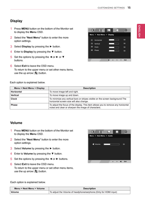 Page 1515
ENGENGLISH
CUSTOMIZING SETTINGS
Display
1 Press MenU button on the bottom of the Monitor set 
to display the Menu OSD.  
2 Select the "next Menu" button to enter the more 
option settings. 
3 Select Display by pressing the ► button. 
4 Enter to Display by pressing the ▼ button.
5 Set the options by pressing the ◄ or ► or ▼ 
buttons.
6 Select exit to leave the OSD menu.
To return to the upper menu or set other menu items, 
use the up arrow (
) button.
Each option is explained below.
Volume
1...