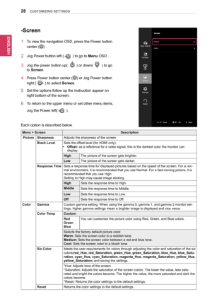 Page 2828
ENGENGLISH
CUSTOMIZING SETTINGS
Each	option	is	described	below.
-Screen
1	 To	view	the	navigation	OSD,	press	the	Power	button	
center	()	.
2	Jog	Power	button	left	(	)	to	go	to	Menu	OSD	.
3	Jog	the	power	button	up(	)	or	down(	)	to	go	
to	Screen.
4	Press	Power	button	center	()	or	Jog	Power	button	
right	(	)	to	select	Screen.
5	Set	the	options	follow	up	the	instruction	appear	on	
right	bottom	of	the	screen.
6	To	return	to	 the	upper	menu	 or	set 	other	menu	items,	
Jog	the	Power	left(	).
Menu > Screen...