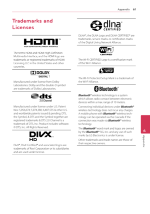 Page 61Appendix61
Appendix6
Trademarks and 
Licenses
The terms HDMI and HDMI High-Definition Multimedia Interface, and the HDMI logo are trademarks or registered trademarks of HDMI Licensing LLC in the United States and other countries.
Manufactured under license from Dolby Laboratories. Dolby and the double-D symbol are trademarks of Dolby Laboratories.
Manufactured under license under U.S. Patent Nos: 5,956,674; 5,974,380; 6,487,535 & other U.S. and worldwide patents issued & pending. DTS, the Symbol, & DTS...
