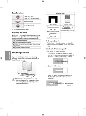 Page 226
Basic Functions
Power On (Press)
Power Off (Press and Hold)1
Volume Control
Channels Control
1 : All running apps will close.
Adjusting the Menu
When the TV is turned on, press the  button one time. You can adjust the Menu items pressing or 
moving the buttons. (Depending upon model)
Turns the power off.
Accesses the setting menu.
Clears on-screen displays and returns to TV viewing.
Changes the input source.
Mounting on a Wall
If you are attaching the TV to other building 
materials, please contact...