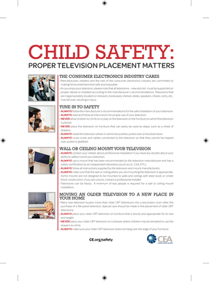 Page 35THE CONSUMER ELECTRONICS INDUSTRY CARES•  Manufacturers,  retailers  and  the  rest  of  the  consumer  electronics  industry  are  committed  to 
making home entertainment safe and enjoyable.
•   As you enjoy your television, please note that all televisions – new and old- must be supported on 
proper stands or installed according to the manufacturer’s recommendations. Televisions that 
are inappropriately situated on dressers, bookcases, shelves, desks, speakers, chests, carts, etc., 
may fall over,...