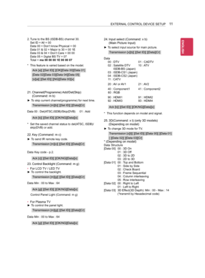 Page 471111
2. Tune to the BS (ISDB-BS) channel 30. 
Set ID = All = 00 
Data 00 = Don’t know Physical = 00 
Data 01 & 02 = Major is 30 = 00 1E 
Data 03 & 04 = Don’t Care = 00 00 
Data 05 = Digital BS TV = 07 
Total = ma 00 00 00 1E 00 00 07
* This feature is varied based on the model.
Ack [a][ ][Set ID][ ][OK][Data 00][Data 01]
[Data 02][Data 03][Data 04][Data 05]
[x][a][ ][Set ID][ ][NG][Data 00][x]
21. Channel(Programme) Add/Del(Skip) 
(Command: m b)
 ►To skip current channel(programme) for next time....