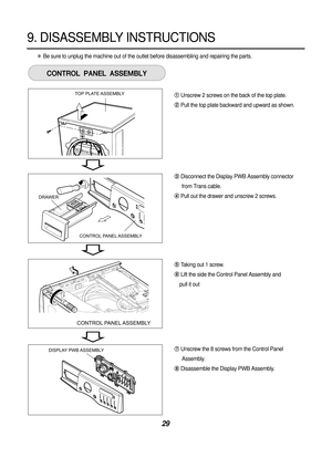 Page 3029
9. DISASSEMBLY INSTRUCTIONS
DISPLAY PW\b ASSEM\bLY
TOP PLATE ASSEM\bLY
CONTROL PANEL ASSEM\bLY
DRAWER
CONTROL PANEL ASSEM\bLY
$0/530-1/&-44&.#-:
I
Be sure to unplug the machine out of the outlet before disassembling and\
 repairing the parts. 
