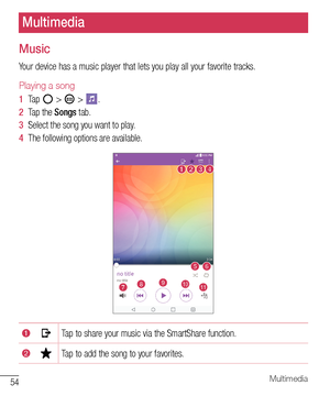 Page 5554Multimedia
Music
Your	device 	has 	a 	music 	player 	that 	lets 	you 	play 	all 	your 	favorite 	tracks.
Playing a song
1   Tap 		> 		> 	.
2   Tap 	the 	Songs 	tab.
3   Select 	the 	song 	you 	want 	to 	play.
4   The 	following 	options 	are 	available.
Tap 	to 	share 	your 	music 	via 	the 	SmartShare 	function.
Tap 	to 	add 	the 	song 	to 	your 	favorites.
Multimedia  