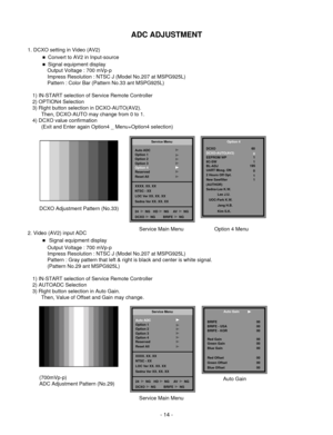 Page 14ADC ADJUSTMENT
- 14 -
1. DCXO setting in Video (AV2) 
■Convert to AV2 in Input-source
■Signal equipment display
Output Voltage : 700 mVp-p
Impress Resolution : NTSC J (Model No.207 at MSPG925L)
Pattern : Color Bar (Pattern No.33 ant MSPG925L)
1) IN-START selection of Service Remote Controller
2) OPTION4 Selection
3) Right button selection in DCXO-AUTO(AV2). 
Then, DCXO-AUTO may change from 0 to 1.
4) DCXO value confirmation 
(Exit and Enter again Option4 _ Menu+Option4 selection)
2. Video (AV2) input...