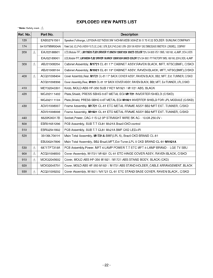 Page 22EXPLODED VIEW PARTS LIST
- 22 -
120
174
200
300
400
410
420
430
440
500
510
520
530
900
910
920
930EAB32761501Speaker,Fullrange, L07030A-027 ND35 3W 16OHM 85DB 300HZ 30 X 70 X 22 SOLDER  SUNLINK COMPANY
6410TMW004APower Cord, UC,LP-45 & H05VV-F 0.75_3C, LS-60_1.87M_BLK LP-45 LS-60 1.87M - 250V 10A H05VV-F 3X0.75MM2 BLACK INMETRO N  LONGWELL  COMPANY
EAJ32188801LCD,Module-TFT, LM170E03-TLB3 DRIVER 17.0INCH 1280X1024 300CD COLOR72% 5/4 800 VS 1 5MS, 160/160, 4LAMP, 2CH-LVDS
EAJ32189001LCD,Module-TFT,...