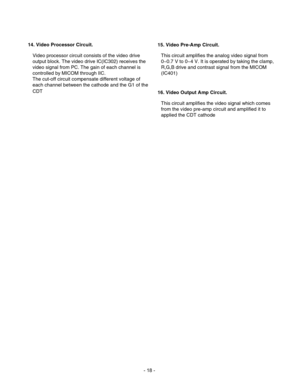 Page 18 
6IDEO0RE
!MP#IRCUIT
4HISCIRCUITAMPLIFIESTHEANALOGVIDEOSIGNALFROM
^6TO^6)TISOPERATEDBYTAKINGTHECLAMP
2DRIVEANDCONTRASTSIGNALFROMTHE-)#/-
)#	
6IDEO/UTPUT!MP#IRCUIT
4HISCIRCUITAMPLIFIESTHEVIDEOSIGNALWHICHCOMES
FROMTHEVIDEOPRE
AMPCIRCUITANDAMPLIFIEDITTO
APPLIEDTHE#$4CATHODE 6IDEO0ROCESSOR#IRCUIT
6IDEOPROCESSORCIRCUITCONSISTSOFTHEVIDEODRIVE
OUTPUTBLOCK4HEVIDEODRIVE)#)#	RECEIVESTHE
VIDEOSIGNALFROM0#4HEGAINOFEACHCHANNELIS
CONTROLLEDBY-)#/-THROUGH))#
4HECUT...