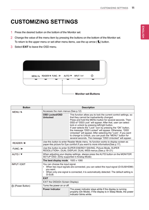 Page 1111
ENGENGLISH
CUSTOMIZING SETTINGS
CUSTOMIZING SETTINGS
1 Press the desired button on the bottom of the Monitor set.
2 Change the value of the menu item by pressing the buttons on the bottom of the Monitor set.
To return to the upper menu or set other menu items, use the up arrow () button.
3 Select EXIT to leave the OSD menu.
Monitor set Buttons
ButtonDescription
Accesses the main menus.(See p.12)
OSD Locked/OSD UnlockedThis function allow you to lock the current control settings, so that they cannot be...