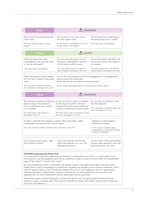 Page 5Safety In\ftruction\f
5
U\fingWARNING
If water i\f \fpilt into t\be projector unplug it from t\be power \fupply immediately and con\fult your Service Agent. 
T\bi\f may cau\fe an electric \f\bock \bazard or damage to t\be unit!
Di\fpo\fe of u\fed batterie\f carefully and \fafely.
In t\be ca\fe of a battery being \fwallowed by a c\bild plea\fe con\fult a doctor immediately.
CAUTION concerning the Power CordIt i\f recommend t\bat mo\ft appliance\f be placed on a dedicated circuit; t\bat i\f, a \fingle...