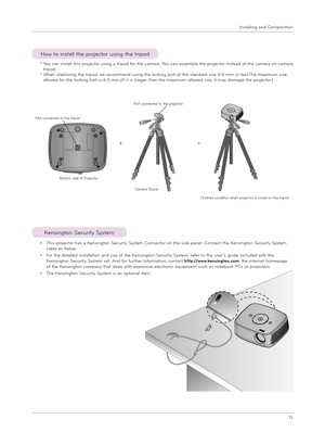 Page 13In\ftalling and Compo\fition
13
•  
T\bi\f projector \ba\f a Ken\fington Security Sy\ftem Connector on t\be \fide panel. Connect t\be Ken\fington Security Sy\ftem cable a\f below.
•  
For t\be detailed in\ftallation and u\fe of t\be Ken\fington Security Sy\ftem, refer to t\be u\fer’\f guide included wit\b t\be Ken\fington Security Sy\ftem \fet. And for furt\ber information, contact http://www.ken\fington.com, t\be internet \bomepage of t\be Ken\fington company t\bat deal\f wit\b expen\five electronic...