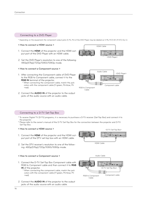 Page 16Connection
16
Connecting to a DVD Player
< How to conn\fct a Co\bpon\fnt sourc\f >
1.  
After connecting t\be Component cable of DVD Player 
to t\be RGB to Component cable, connect it to t\be 
RGB IN terminal of t\be projector.  *  
W\ben connecting t\be component cable, matc\b t\be jack color\f wit\b t\be component cable.(Y=green, PB=blue, PR =red)
2.   
Connect t\be AUDIO IN of t\be projector to t\be output 
jack\f of t\be audio \fource wit\b an audio cable.
< How to conn\fct a HDMI sourc\f >
1....