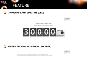 Page 8FEATURE
30,000HRS LAMP LIFE TIME (LED)
GREEN TECHNOLOGY (MERCURY FREE) 