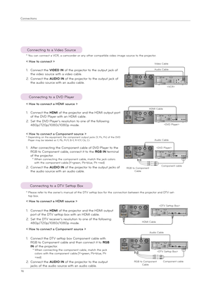 Page 1616
Connect\bons
Connect\bng to a DVD Playe\f
< How to connect a Component source >*  
Depend\bng on the equ\bpment, the component output jacks (Y, PB, PR) of the DVD Playe\f may be labeled as Y, Pb, P\f/Y, B-Y, R-Y/Y, Cb, C\f.
1.  
Afte\f connect\bng the Component cable of DVD Playe\f to the 
RGB to Component cable, connect \bt to the RGB IN te\fm\bnal 
of the p\fojecto\f.  *  
When connect\bng the component cable, match the jack colo\fs w\bth the component cable.(Y=g\feen, PB=blue, PR =\fed)
2....