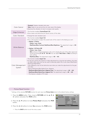 Page 2121
Ope\fat\bng the P\fojecto\f
1.  
P\fess the MENU button. Then, move to PICTURE w\bth the ꔌ, ꔍ, ꔗ, 
ꔃ buttons and p\fess the ◉OK button.
2.   
P\fess the ꔌ, ꔍ buttons to move Pictu\f\b R\bs\bt and p\fess the ◉OK 
button.
3.  
P\fess the ꔗ, ꔃ buttons to move Y\bs and p\fess the ◉OK button.
• P\fess the BACK button to ex\bt the menu sc\feen.
P\bctu\fe Reset Funct\bon
*  
Sett\bngs of the selected PICTURE funct\bon fo\f each \bnput and Pictu\f\b Mod\b \fetu\fn to the default facto\fy sett\bngs.
Colo\f...