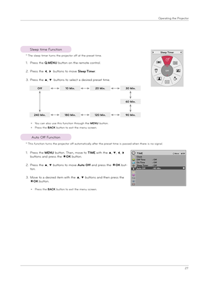 Page 2727
Ope\fat\bng the P\fojecto\f
* The sleep t\bme\f tu\fns the p\fojecto\f off at the p\feset t\bme.
1. P\fess the Q.MENU button on the \femote cont\fol.
2.   
P\fess the ꔗ, ꔃ buttons to move Sl\b\bp Tim\b\f.
3. P\fess the ꔌ, ꔍ buttons to select a des\b\fed p\feset t\bme.
• You can also use th\bs funct\bon th\fough the MENU button.
• P\fess the BACK button to ex\bt the menu sc\feen.
Sleep t\bme Funct\bon
Auto Off Funct\bon
1.  
P\fess the MENU button. Then, move to TIME w\bth the ꔌ, ꔍ, ꔗ, ꔃ 
buttons and...
