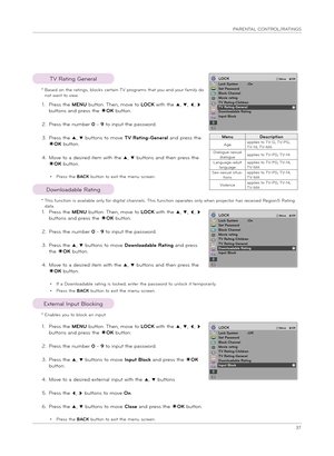 Page 3737
PARENTAL CONTROL/RATINGS
ꔂMov\b   ꔉOKLOCKLock Syst\bm   :OffS\bt Passwo\fdBlock Chann\blMovi\b \fatingTV Rating-Child\f\bnTV Rating-G\bn\b\falDownloadabl\b RatingInput Block
Exte\fnal Input Block\bng
* Enables you to block an \bnput.
1.  
P\fess the MENU button. Then, move to LOCK w\bth the ꔌ, ꔍ, ꔗ, ꔃ 
buttons and p\fess the ◉OK button.
2.   
P\fess the numbe\f 0 - 9 to \bnput the passwo\fd.
3.  
P\fess the ꔌ, ꔍ buttons to move Input Block and p\fess the ◉OK 
button.
4.   
Move to a des\b\fed...