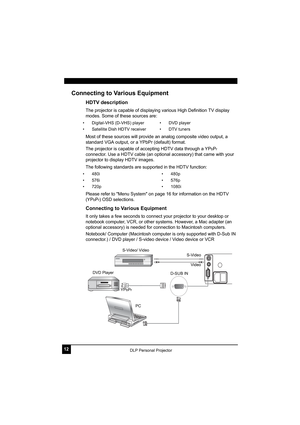 Page 1612DLP Personal Projector
Connecting to Various Equipment
HDTV description
The projector is capable of displaying various High Definition TV display 
modes. Some of these sources are:  
Most of these sources will provide an analog composite video output, a 
standard VGA output, or a YPbPr (default) format. 
The projector is capable of accepting HDTV data through a YP
bPr 
connector. Use a HDTV cable (an optional accessory) that came with your 
projector to display HDTV images.
The following standards are...