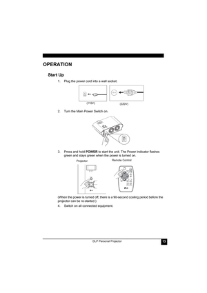 Page 17DLP Personal Projector13
OPERATION
Start Up
1. Plug the power cord into a wall socket.
2. Turn the Main Power Switch on. 
3. Press and hold POWER to start the unit. The Power Indicator flashes 
green and stays green when the power is turned on.
(When the power is turned off, there is a 90-second cooling period before the 
projector can be re-started.)
4. Switch on all connected equipment.
(110V)(220V)
AUTO BLANKSOURCE
KEYSTONE 
-KEYSTONE +
POWER
MENU/EXIT
ProjectorRemote Control 