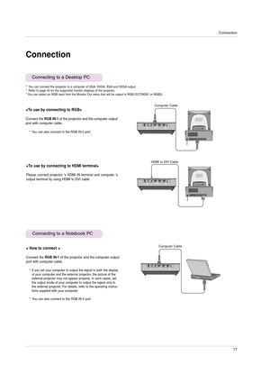Page 17Connection
17
Connection
Connecting to a Desktop PC
* You can connect the projector to a computer of VGA, SVGA, XGA and SXGA output. 
* Refer to page 40 for the supported monitor displays of the projector.
* You can select an RGB input from the Monitor Out menu that will be output to RGB OUT(RGB1 or RGB2).

Connect the RGB IN-1of the projector and the computer output
port with computer cable.
* You can also connect to the RGB IN-2 port.
Connecting to a Notebook PC
< How to connect >
Connect the RGB...