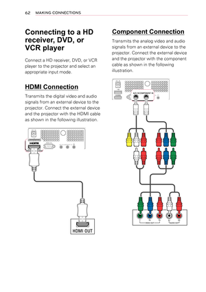 Page 6262MAKING CONNECTIONS
Connecting to a HD 
receiver, DVD, or 
VCR player
Connect a HD receiver, DVD, or VCR 
player to the projector and select an 
appropriate input mode.
 HDMI Connection
Transmits the digital video and audio 
signals from an external device to the 
projector. Connect the external device 
and the projector with the HDMI cable 
as shown in the following illustration.
&,15*%,1
$9,1 &20321(17, 1
HDMI OUT
 Component Connection
Transmits the analog video and audio 
signals from an...