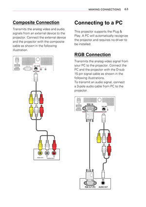 Page 6363MAKING CONNECTIONS
Connecting to a PC
This projector supports the Plug & 
Play. A PC will automatically recognize 
the projector and requires no driver to 
be installed.
 RGB Connection
Transmits the analog video signal from 
your PC to the projector. Connect the 
PC and the projector with the D-sub 
15 pin signal cable as shown in the 
following illustrations.
To transmit an audio signal, connect 
a 3-pole audio cable from PC to the 
projector.
&,15*%,1
$9,1 &20321(17, 1
AUDIO OUT
RGB OUT (PC)...